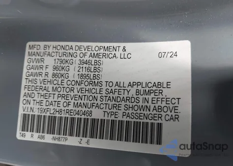 2024 Honda Civic Sport из США, поврежденный, VIN 19XFL2H81RE040468